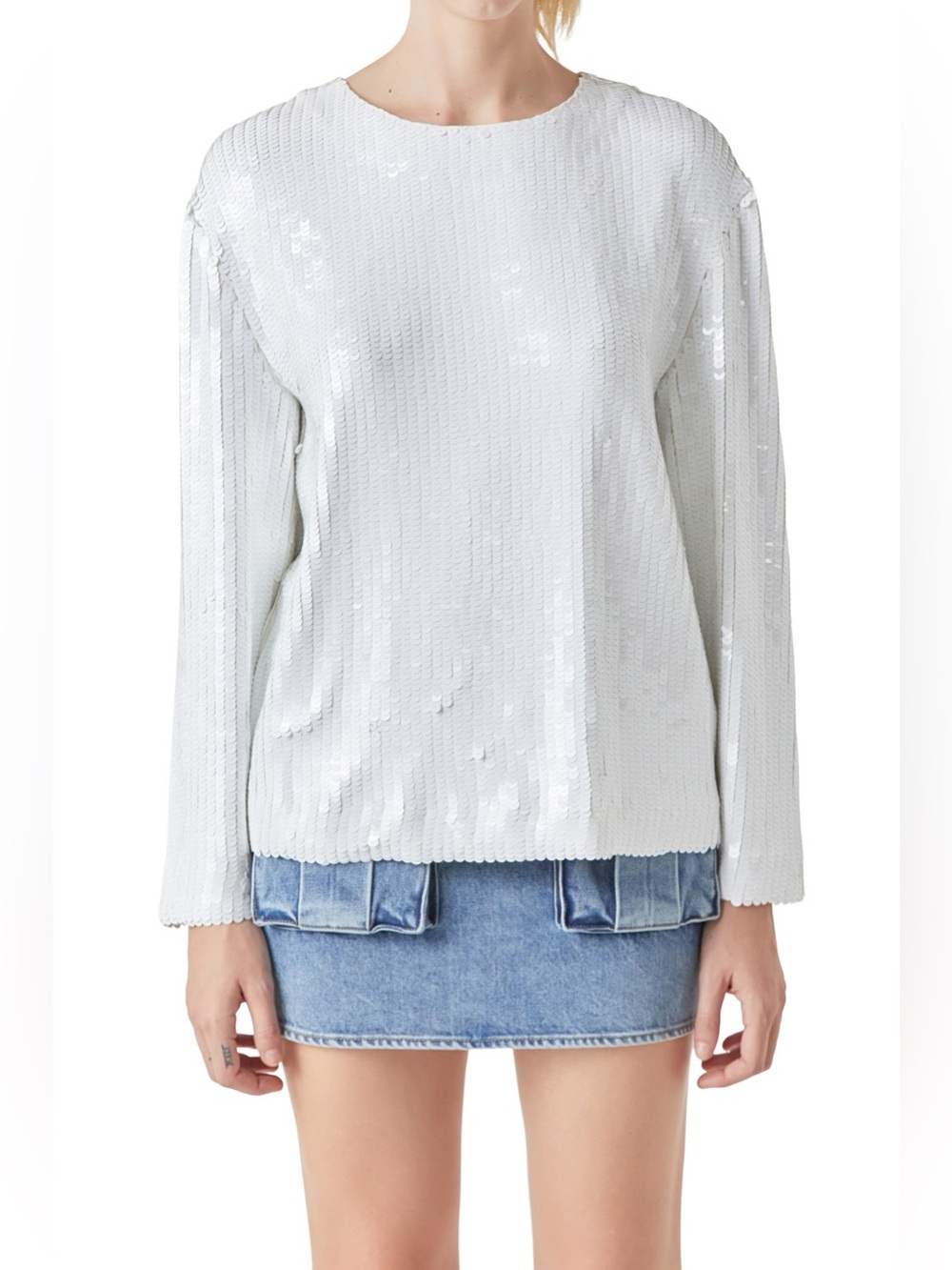 GREY LAB Sequin Long Sleeve Top White Small